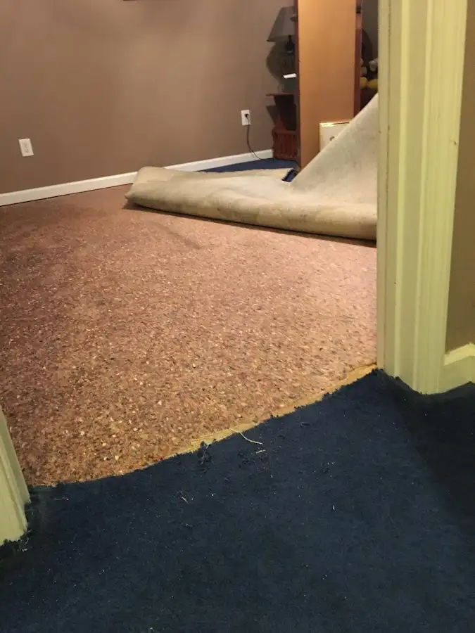 Carpet pad removal revealing water damage during Drying & Dehumidification in Red Bank